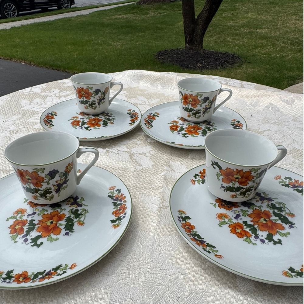 VTG 8 pc Dolphin Fine China Olympus Cup and Saucer‎ Set of 4 Floral Japan Plates